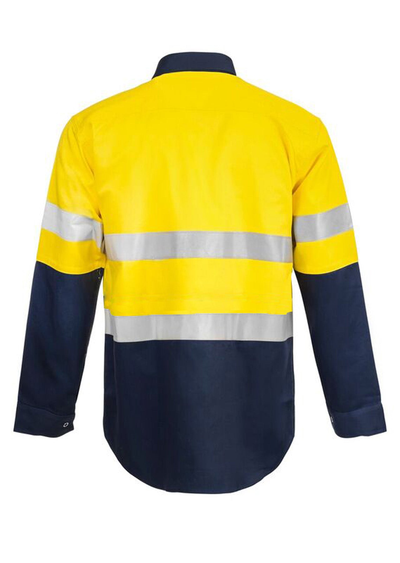 Workcraft WS3072 Mens Hi Vis Long Sleeve Cotton Drill Industrial Laundry Reflective Shirt With Press Studs in Yellow/Navy