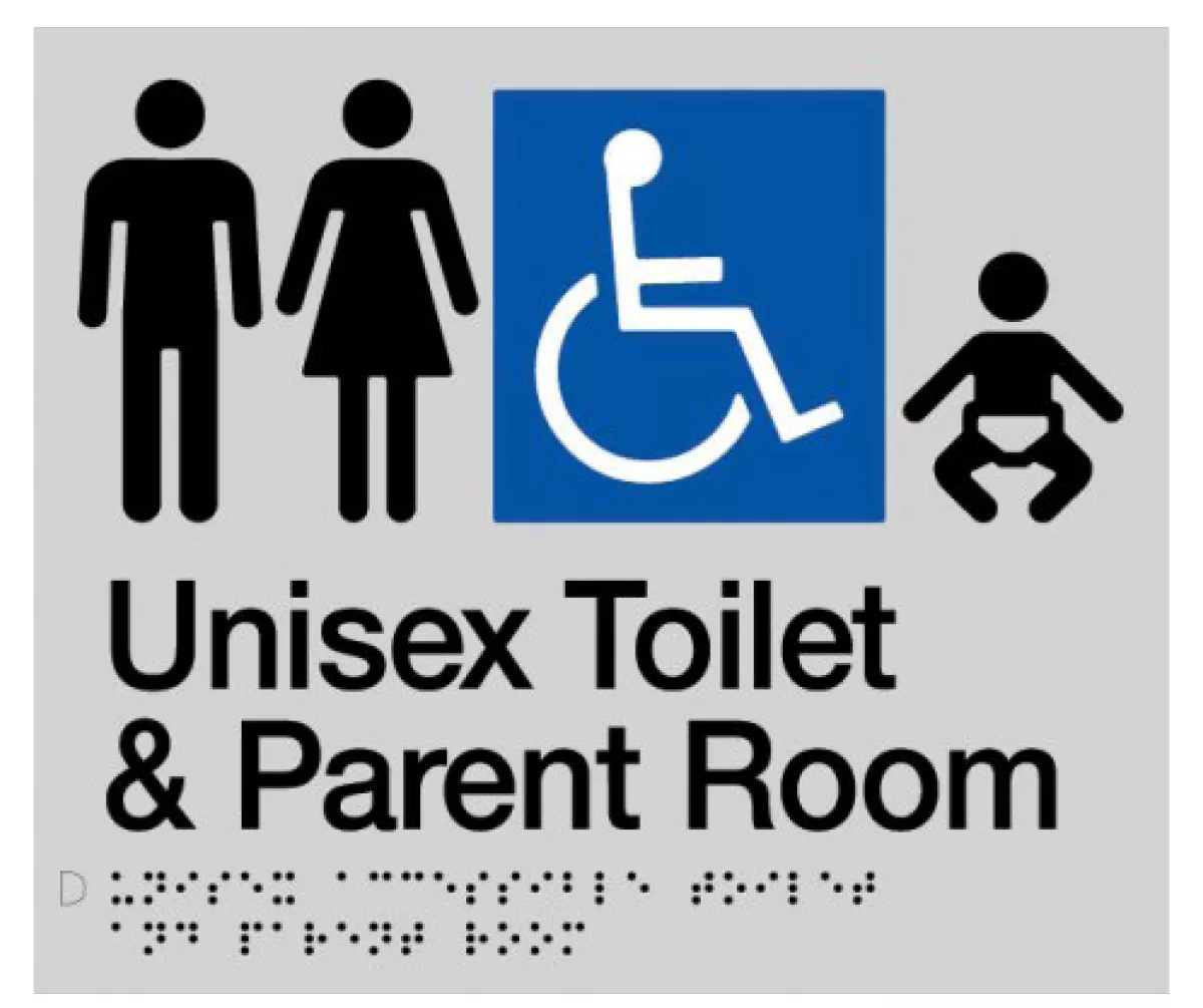 Sign, Unisex Wheelchair Accessible Toilet & Parent Room, , Blue/White PVC