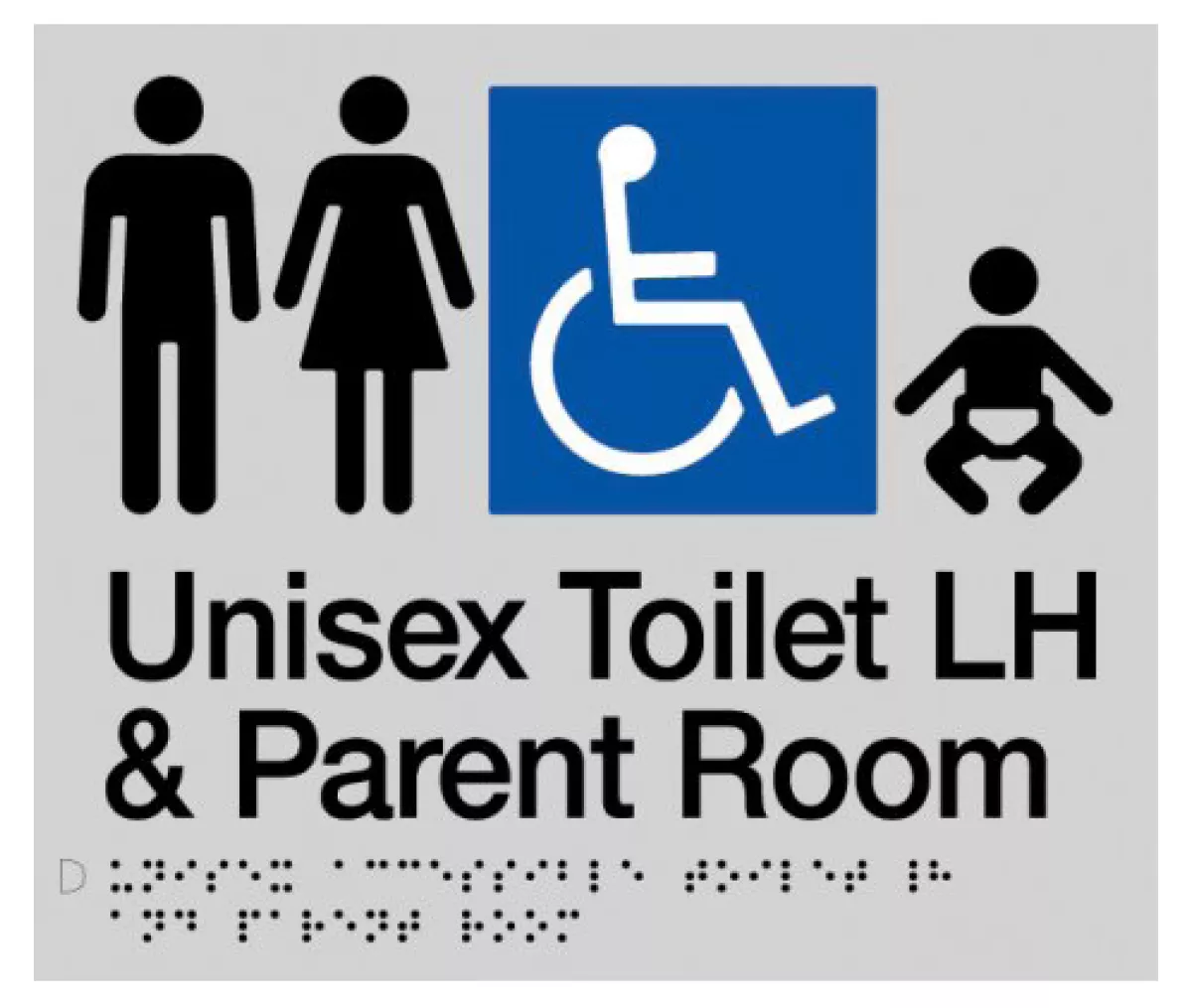 Sign, Unisex Wheelchair Accessible Toilet LH & Parent Room, , Blue/White PVC