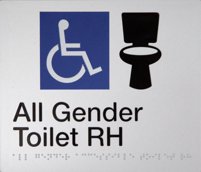 Sign, All Gender Wheelchair Accessible Toilet Right Hand, , Blue/White PVC