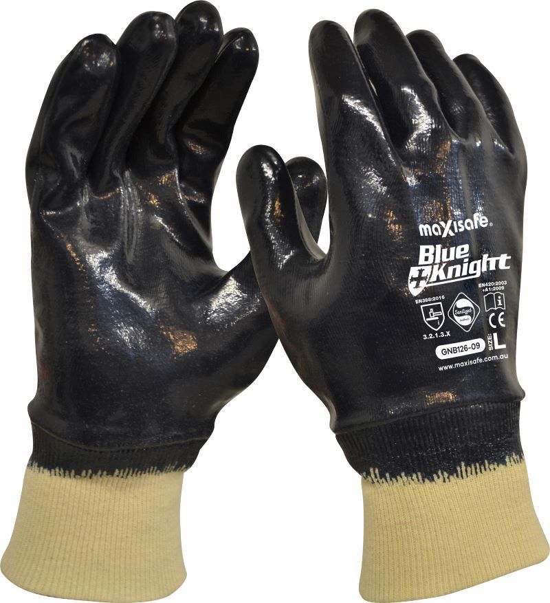 Maxisafe GNB126 Blue Knight Nitrile Fully Dipped Gloves with Knit Wrist