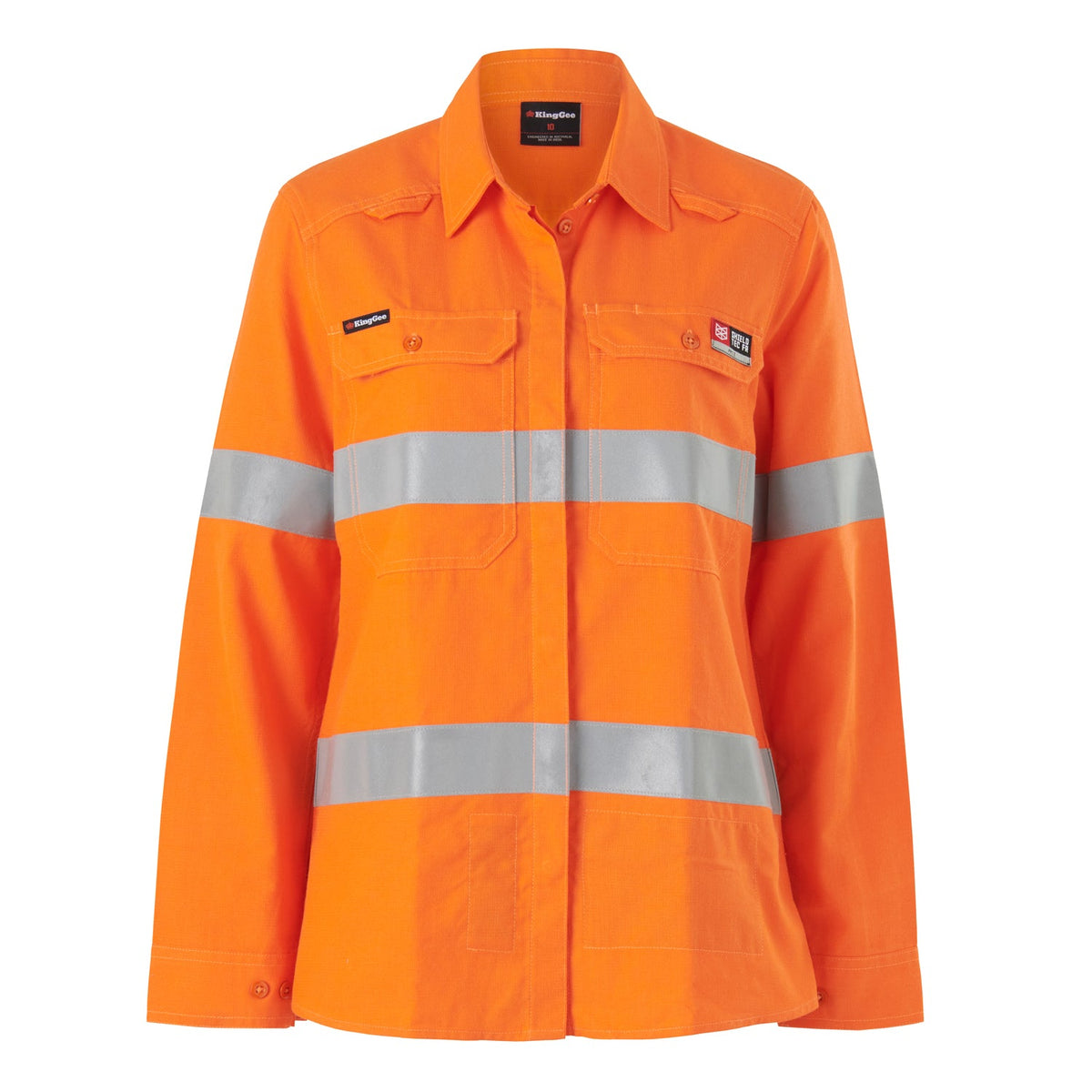 King Gee K84003 Womens Shieldtec LENZING FR Hi-Vis Open Front Taped Shirt PPE2