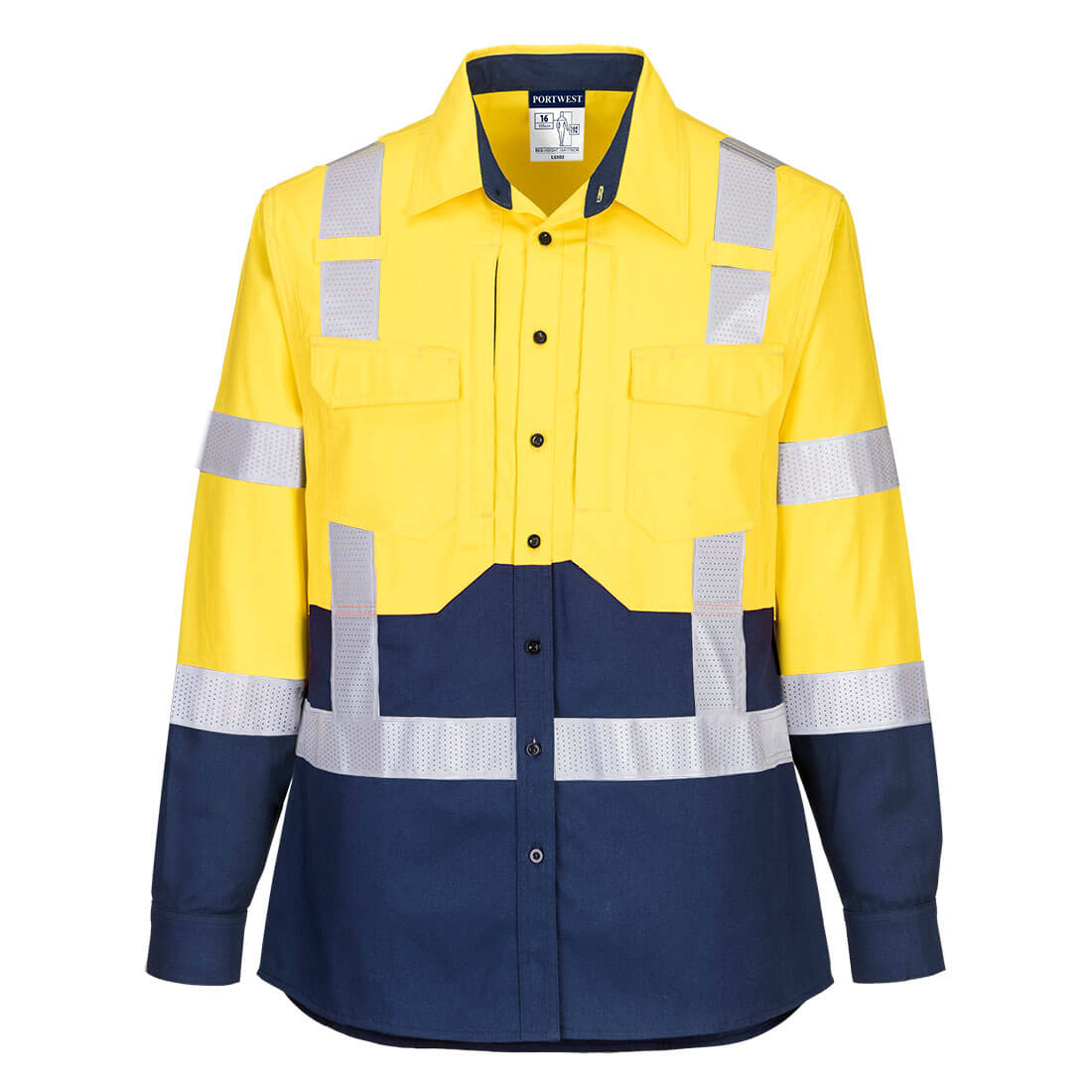 Portwest Ladies Hi-Vis Stretch Long Sleeve Shirt in Yellow/Navy