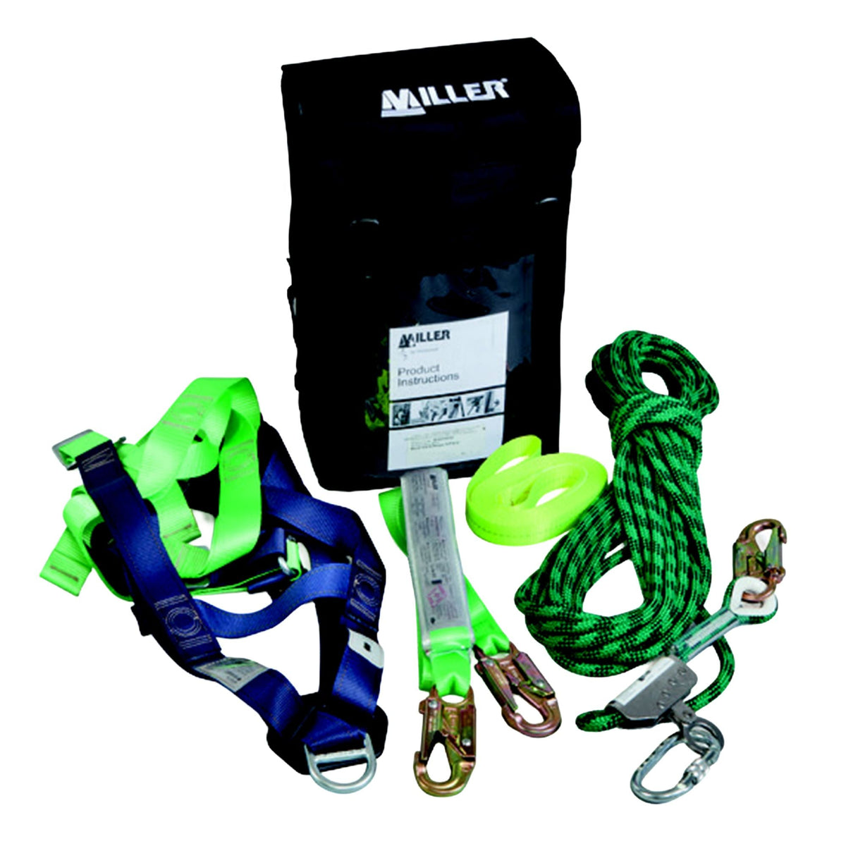 Miller M1070033 Roof Workers Back-Pack Kit contains M1020063 Construction Harness, 15M Kernmantle rope anchorage linew/Type 1 fall arrestor, lanyard, Webbing Tie Off & 501 Karabiner