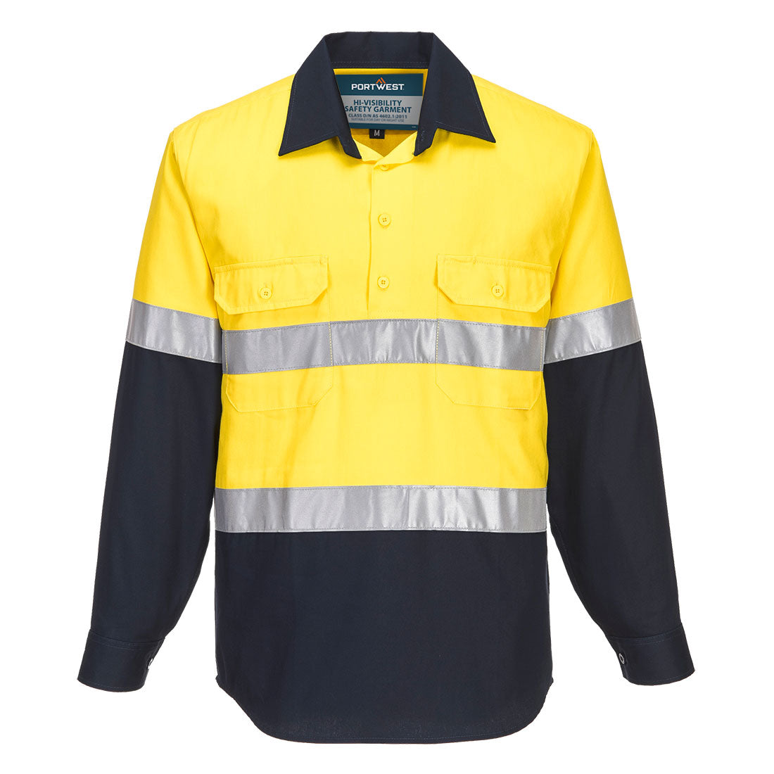 Portwest Hobart Hi-Vis Contrast 1/2 Button Shirt L/S in Yellow/Navy
