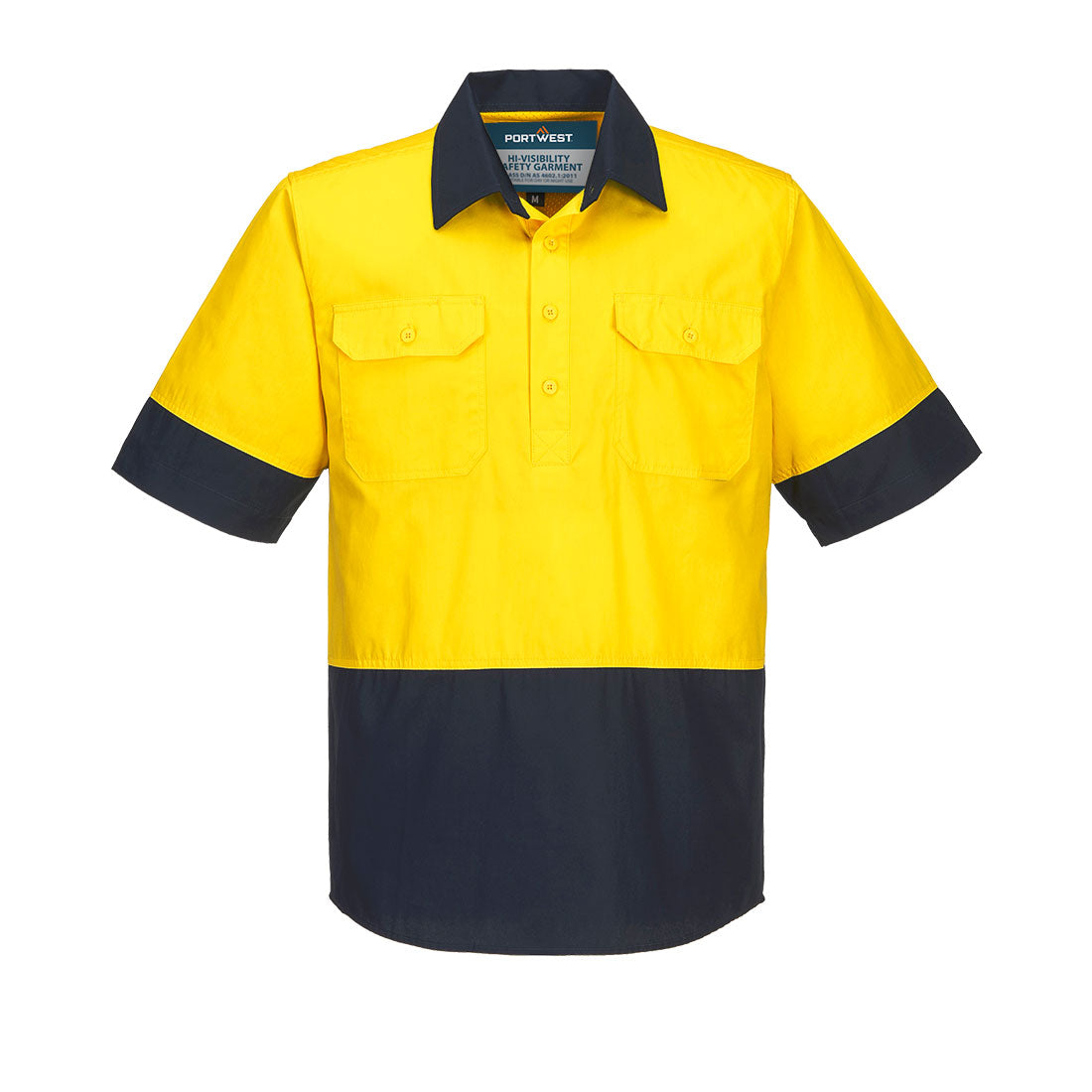 Portwest Canberra Hi-Vis Lightweight Contrast 1/2 Button Class D Shirt S/S in Yellow/Navy