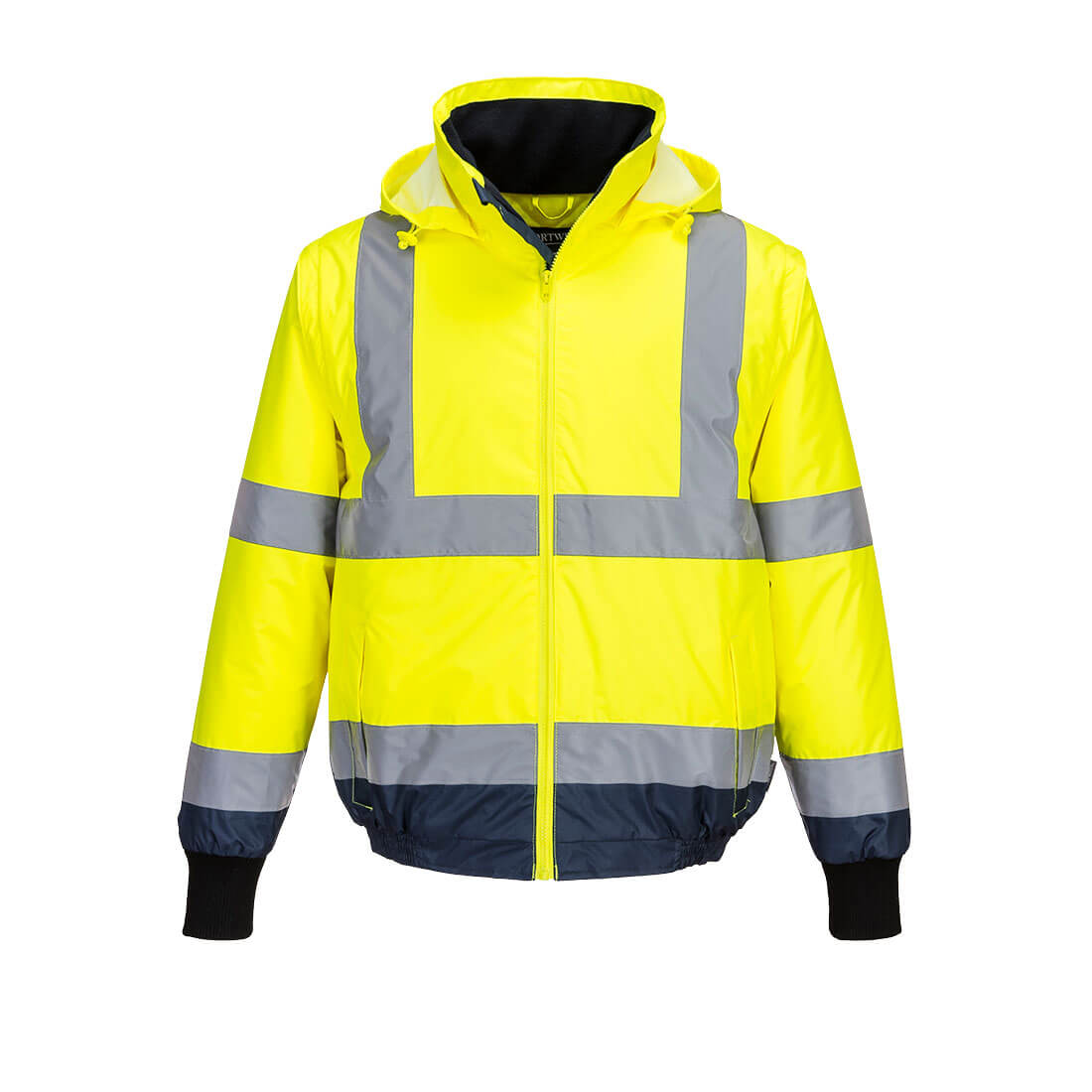 Portwest Hi-Vis 2-in-1 Contrast Essential Bomber Jacket in Yellow/Navy