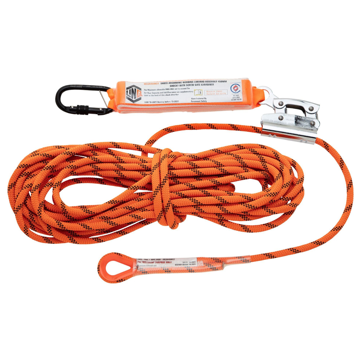 LINQ Height Safety RKRG020SHK1 Rope Kermantle 20m C/W Rope Grab & Perm Attach Shocky With Screwgate Karabiner