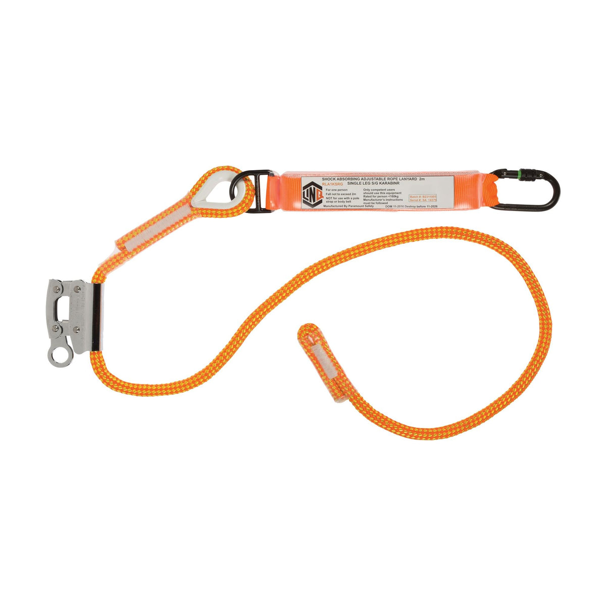 LINQ Height Safety RLA1KSRG Single Leg 2M Shock Absorb Adjustable Rope Lanyard With Hardware KS & RG