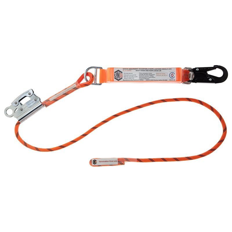 LINQ Height Safety RLA1SNRG Single Leg 2M Shock Absorb Adjustable Rope Lanyard With Hardware SN & RG