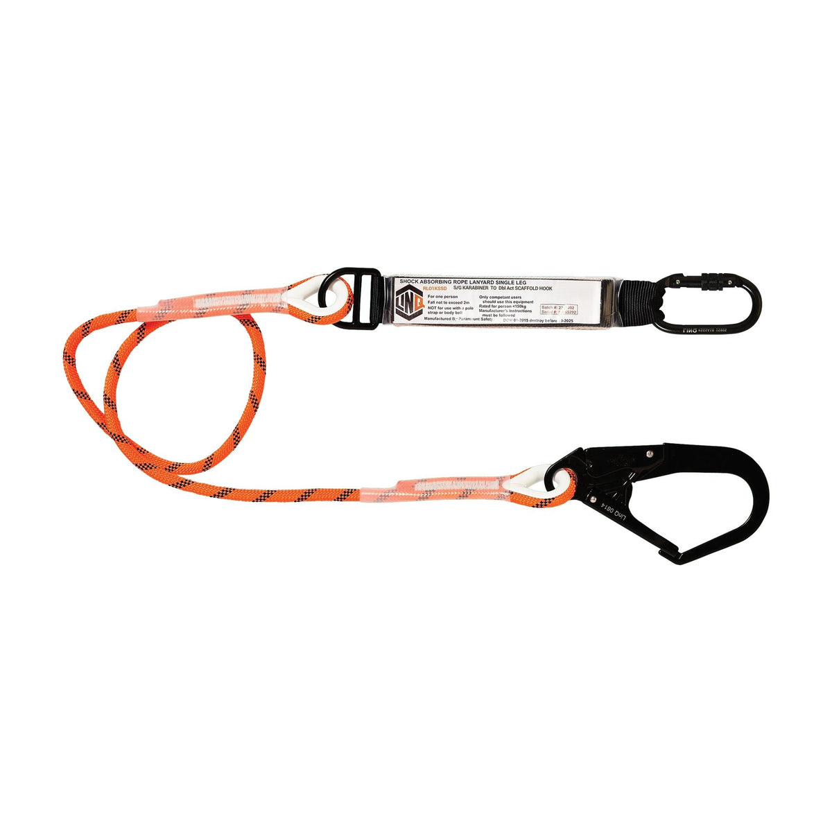 LINQ Height Safety RLO1KSSD Single Leg Kernmantle 2M Shock Absorb Rope Lanyard with Hardware KS & SD