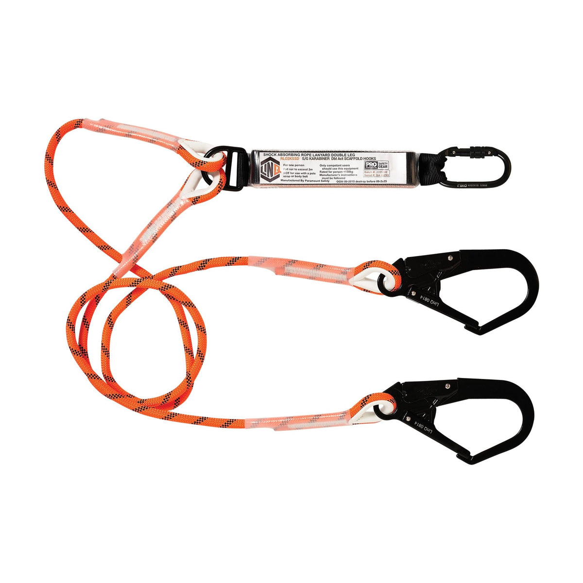 LINQ Height Safety RLO2KSSD Double Leg Kernmantle 2m Shock Absorb Rope Lanyard with Hardware KS & SD