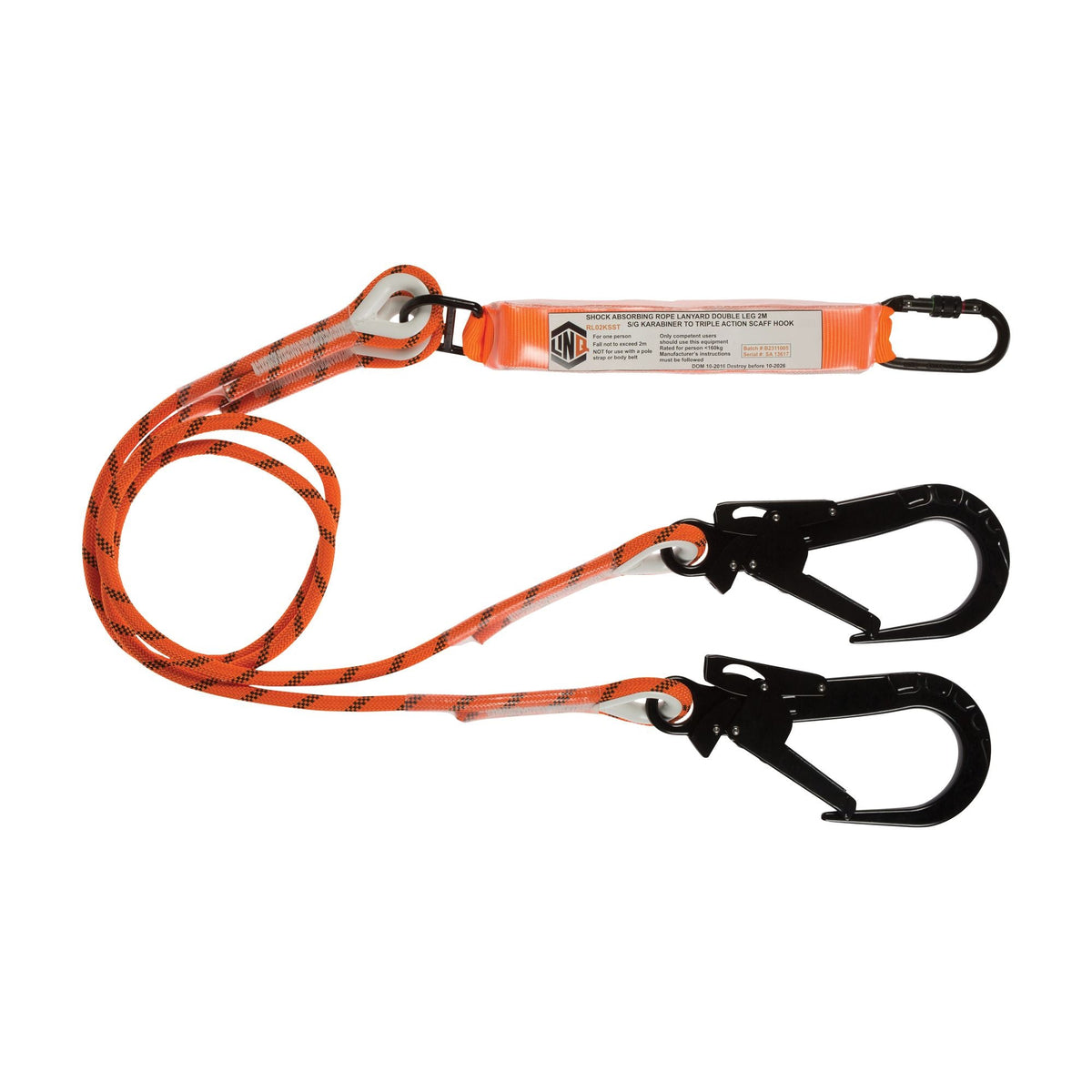 LINQ Height Safety RLO2KSST Double Leg Kernmantle 2m Shock Absorb Rope Lanyard with Hardware KS & ST