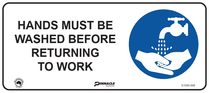 Hands Must Be Washed Before Returning to Work Sign