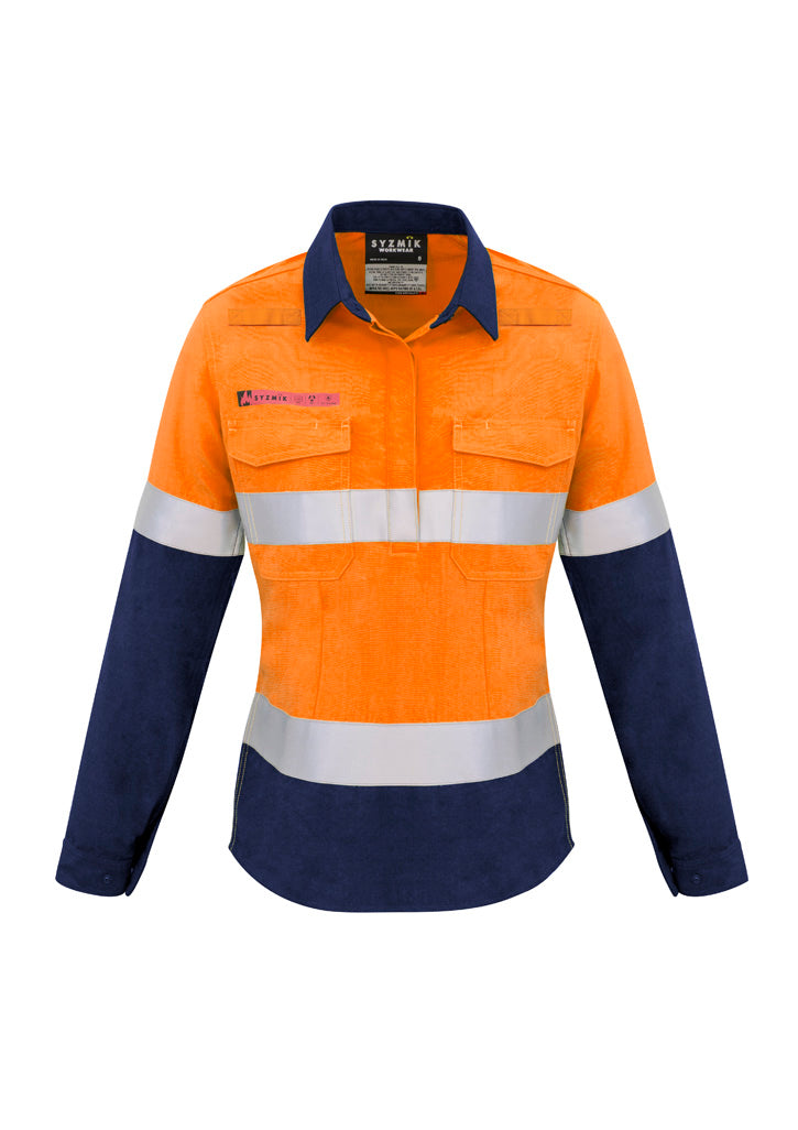 Syzmik Women's FR Closed Front Hooped Taped Spliced Shirt - Orange/Navy