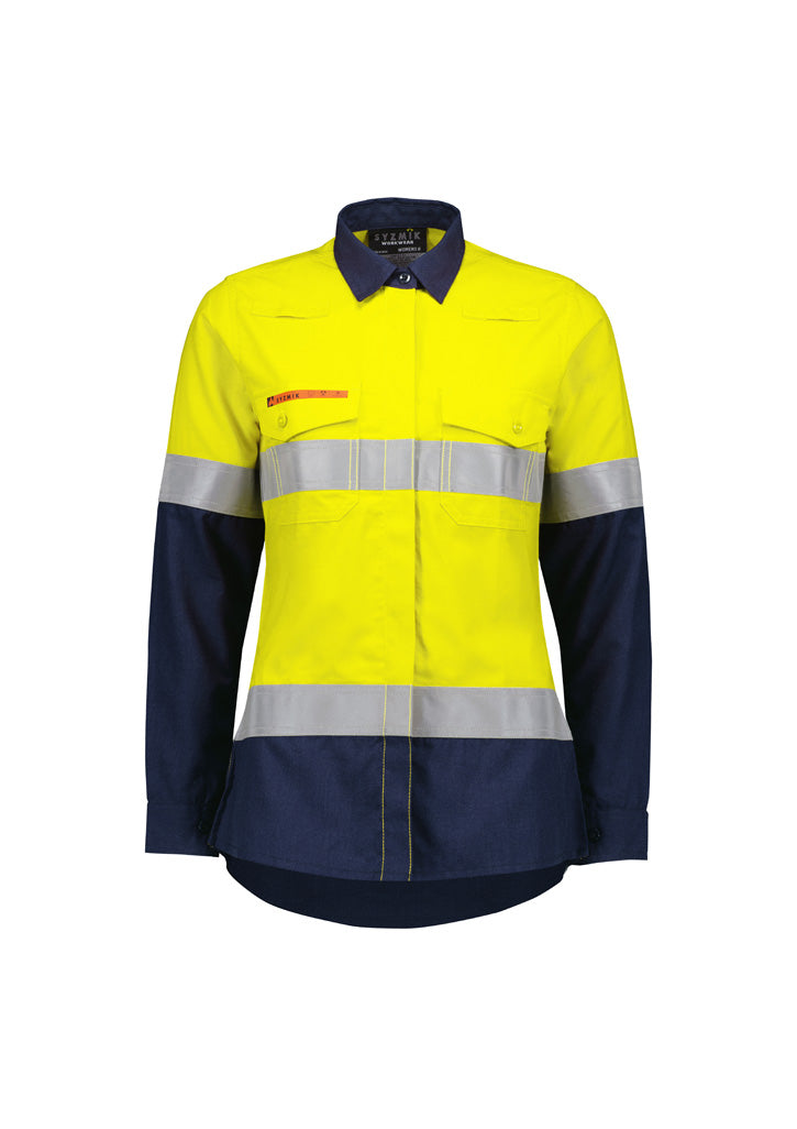 Syzmik Women's Orange Flame Lightweight Ripstop Taped Shirt - Yellow/Navy