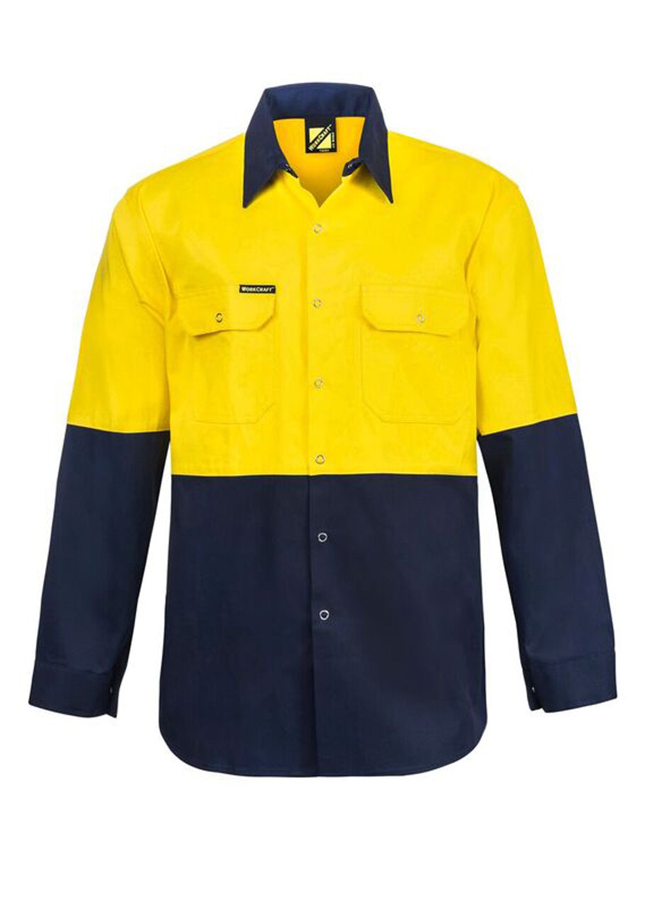 Workcraft WS3032 Hi Vis Long Sleeve Cotton Drill Industrial Laundry Shirt With Press Studs in Yellow/Navy