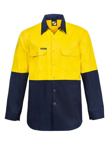 Workcraft WS3032 Hi Vis Long Sleeve Cotton Drill Industrial Laundry Shirt With Press Studs in Yellow/Navy
