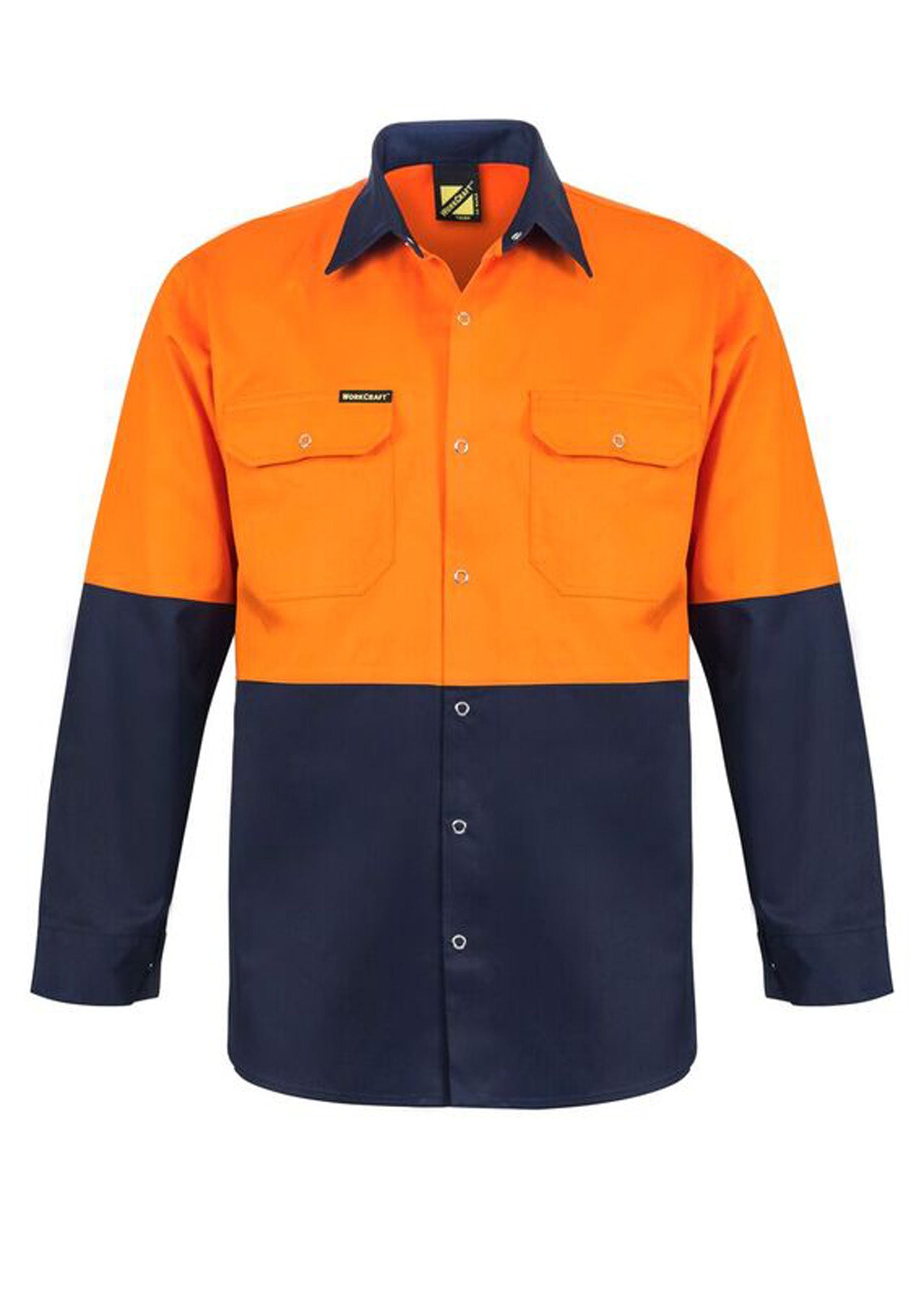 Workcraft WS3032 Hi Vis Long Sleeve Cotton Drill Industrial Laundry Shirt With Press Studs in Orange/Navy