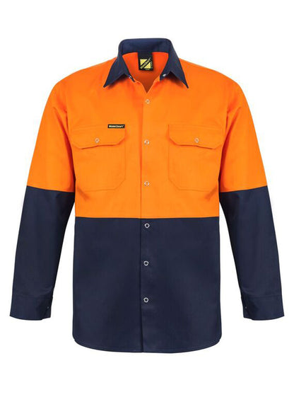 Workcraft WS3032 Hi Vis Long Sleeve Cotton Drill Industrial Laundry Shirt With Press Studs in Orange/Navy