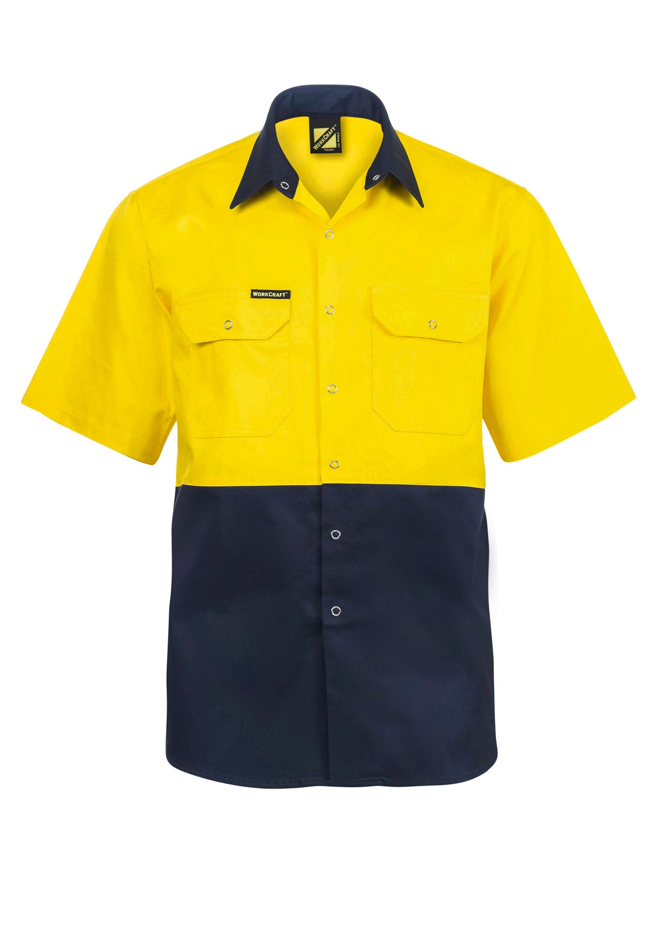 Workcraft WS3063 Hi Vis Short Sleeve Cotton Drill Industrial Laundry Shirt With Press Studs in Yellow/Navy