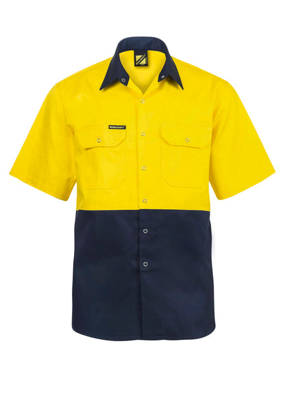 Workcraft WS3063 Hi Vis Short Sleeve Cotton Drill Industrial Laundry Shirt With Press Studs in Yellow/Navy