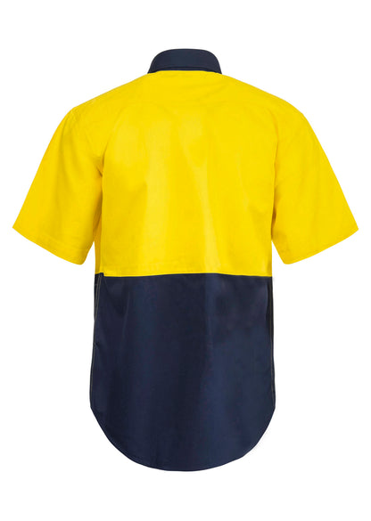 Workcraft WS3063 Hi Vis Short Sleeve Cotton Drill Industrial Laundry Shirt With Press Studs in Yellow/Navy