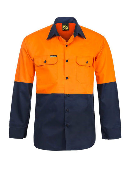 Workcraft WS4247 Lightweight Hi Vis Long Sleeve Vented Cotton Drill Shirt in Orange/Navy