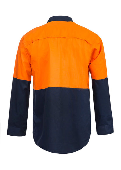 Workcraft WS4247 Lightweight Hi Vis Long Sleeve Vented Cotton Drill Shirt in Orange/Navy