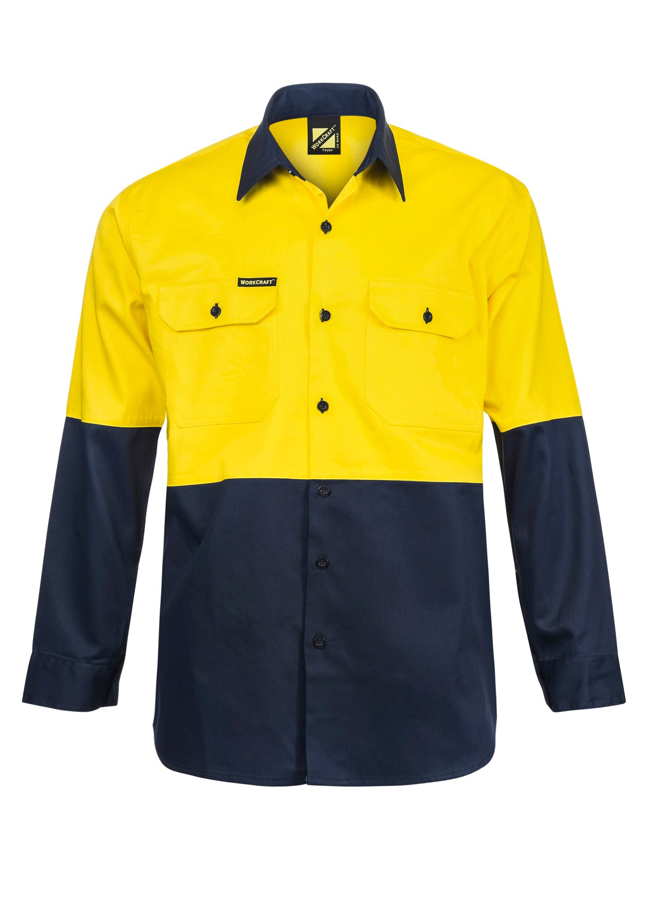Workcraft WS3022 Mens Hi Vis Long Sleeve Cotton Drill Shirt in Yellow/Navy
