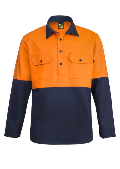Workcraft WS4254 Mens Heavy Duty Hybrid Hi Vis Closed Front Cotton Drill Shirt With Gusset Sleeves in Orange/Navy