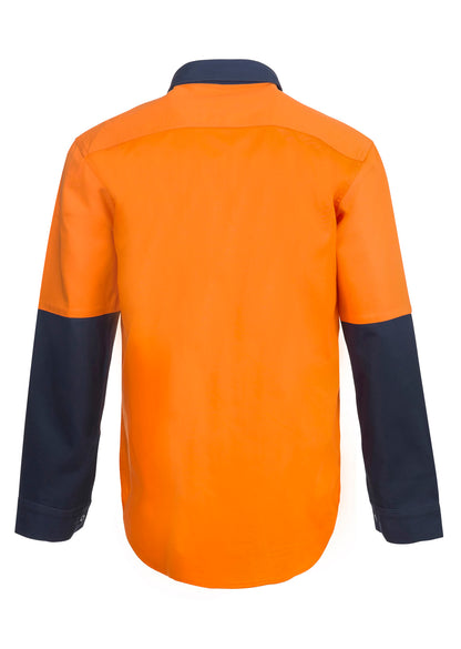 Workcraft WS4254 Mens Heavy Duty Hybrid Hi Vis Closed Front Cotton Drill Shirt With Gusset Sleeves in Orange/Navy