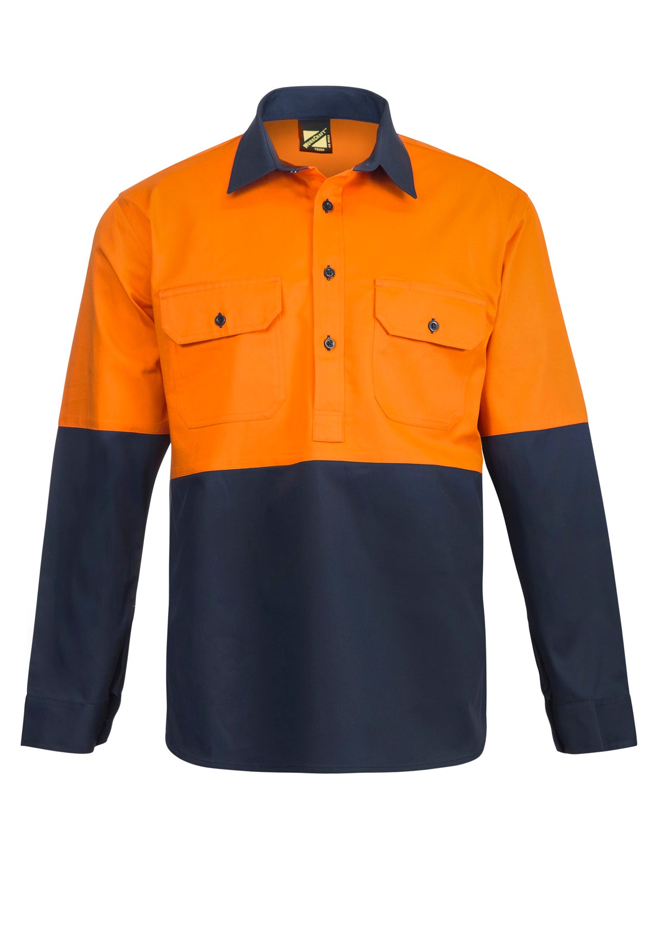 Workcraft WS4256 Mens Hi Vis Closed Front Cotton Drill Shirt With Semi Gusset Sleeves in Orange/Navy