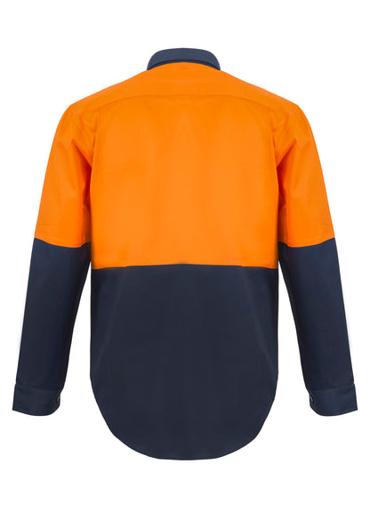 Workcraft WS4256 Mens Hi Vis Closed Front Cotton Drill Shirt With Semi Gusset Sleeves in Orange/Navy