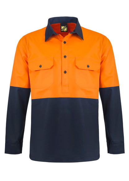 Workcraft WS4255 Mens Lightweight Hi Vis Closed Front Vented Cotton Drill Shirt With Semi Gusset Sleeves in Orange/Navy
