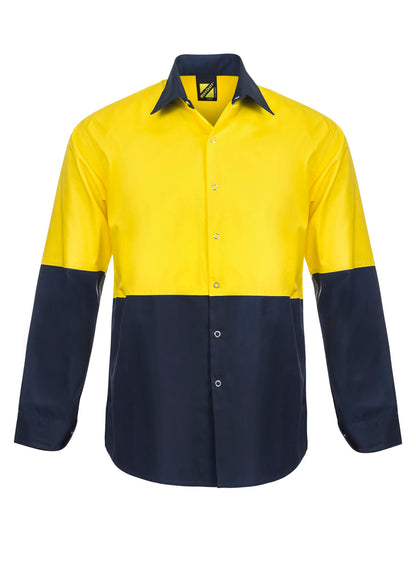 Workcraft WS3045 Mens Lightweight Hi Vis Long Sleeve Vented Cotton Drill Food Industry Shirt With Press Studs And Spare Pockets in Yellow/Navy