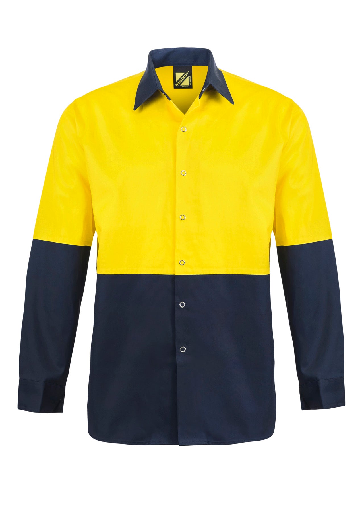 Workcraft WS3035 Hi Vis Long Sleeve Cotton Drill Food Industry Shirt With Press Studs And Spare Pockets in Yellow/Navy