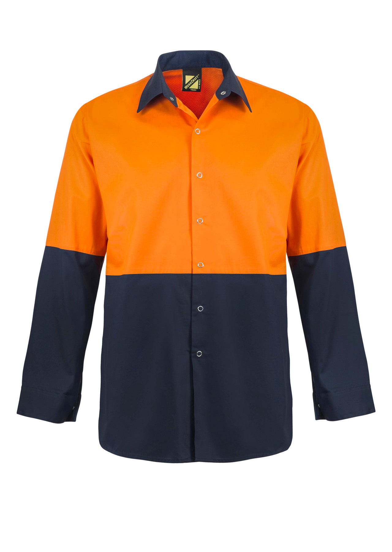 Workcraft WS3045 Mens Lightweight Hi Vis Long Sleeve Vented Cotton Drill Food Industry Shirt With Press Studs And Spare Pockets in Orange/Navy