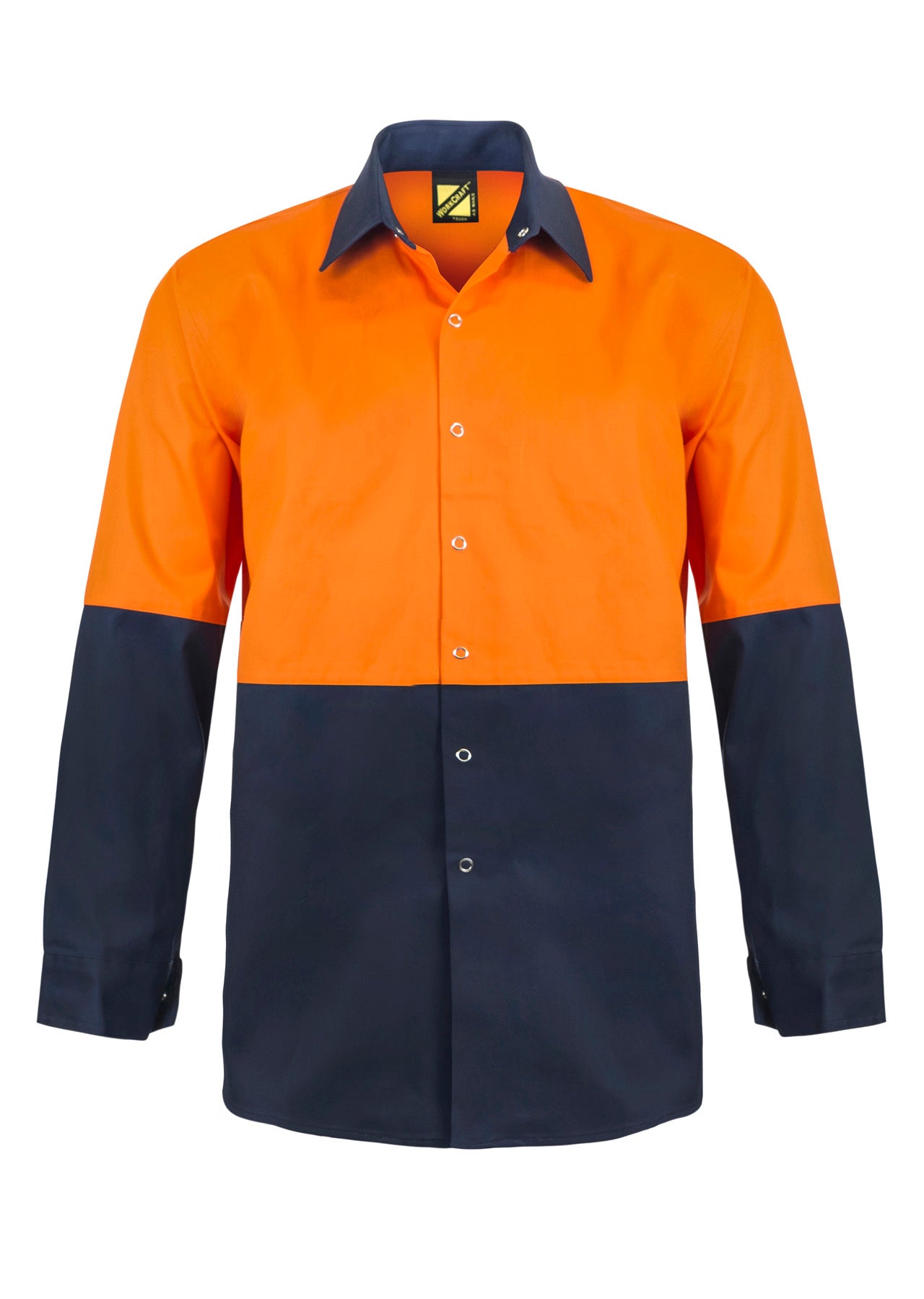 Workcraft WS3035 Hi Vis Long Sleeve Cotton Drill Food Industry Shirt With Press Studs And Spare Pockets in Orange/Navy