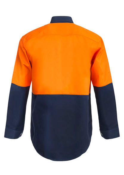 Workcraft WS3035 Hi Vis Long Sleeve Cotton Drill Food Industry Shirt With Press Studs And Spare Pockets in Orange/Navy