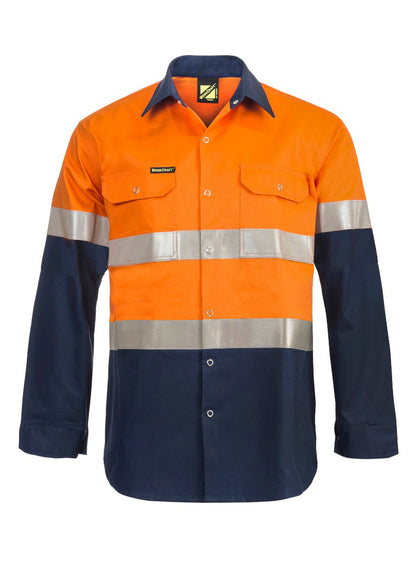 Workcraft WS3072 Mens Hi Vis Long Sleeve Cotton Drill Industrial Laundry Reflective Shirt With Press Studs in Orange/Navy