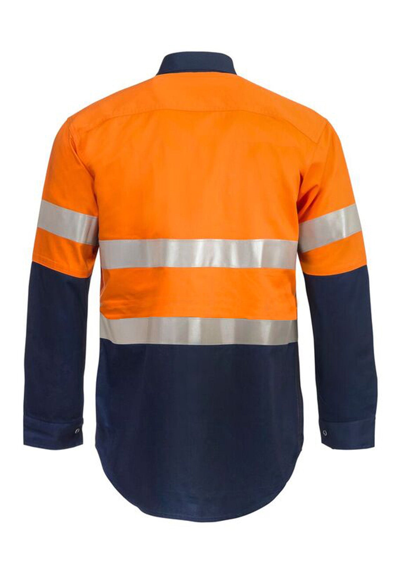 Workcraft WS3072 Mens Hi Vis Long Sleeve Cotton Drill Industrial Laundry Reflective Shirt With Press Studs in Orange/Navy