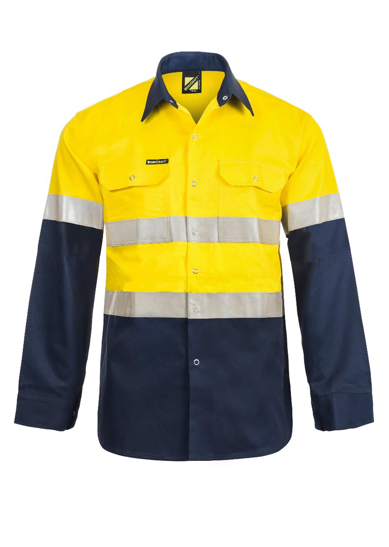 Workcraft WS3072 Mens Hi Vis Long Sleeve Cotton Drill Industrial Laundry Reflective Shirt With Press Studs in Yellow/Navy
