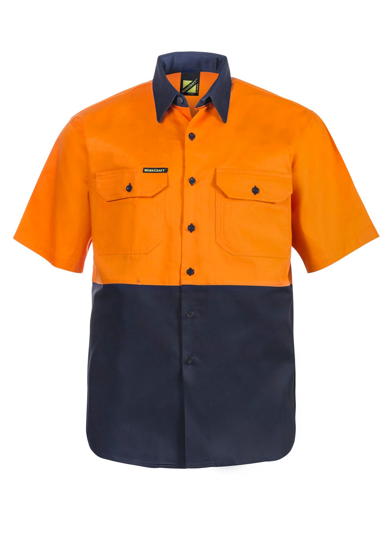 Workcraft WS3023 Mens Hi Vis Short Sleeve Cotton Drill Shirt in Orange/Navy