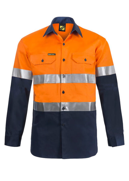 Workcraft WS3028 Mens Hi Vis Long Sleeve Cotton Drill Industrial Laundry Reflective Shirt in Orange/Navy