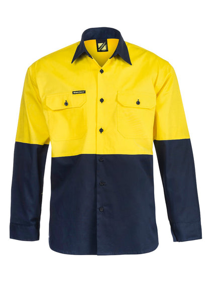 Workcraft WS4247 Lightweight Hi Vis Long Sleeve Vented Cotton Drill Shirt in Yellow/Navy