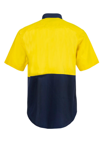 Workcraft WS3023 Mens Hi Vis Short Sleeve Cotton Drill Shirt in Yellow/Navy