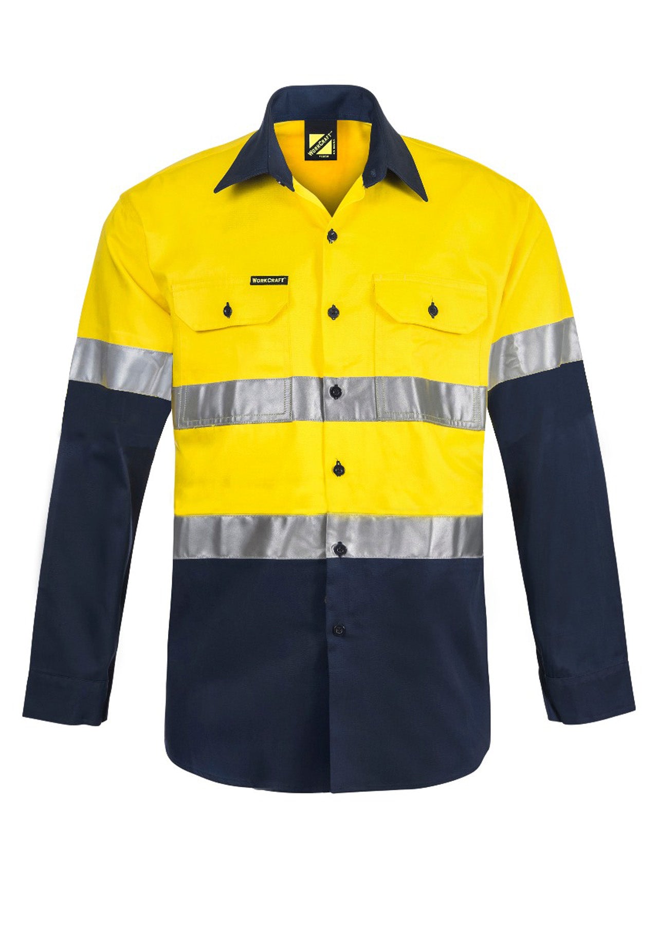 Workcraft WS4000 Mens Hi Vis Long Sleeve Cotton Drill Reflective Shirt in Yellow/Navy