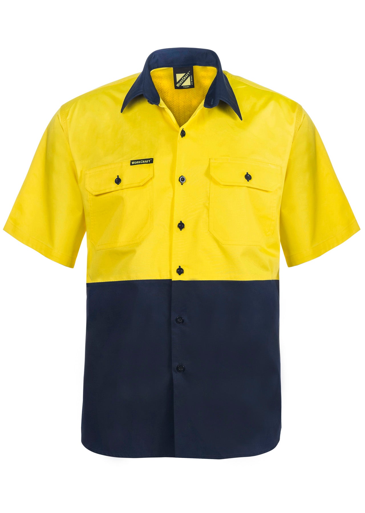 Workcraft WS4248 Lightweight Hi Vis Short Sleeve Vented Cotton Drill Shirt in Yellow/Navy