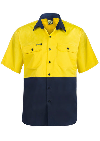 Workcraft WS4248 Lightweight Hi Vis Short Sleeve Vented Cotton Drill Shirt in Yellow/Navy